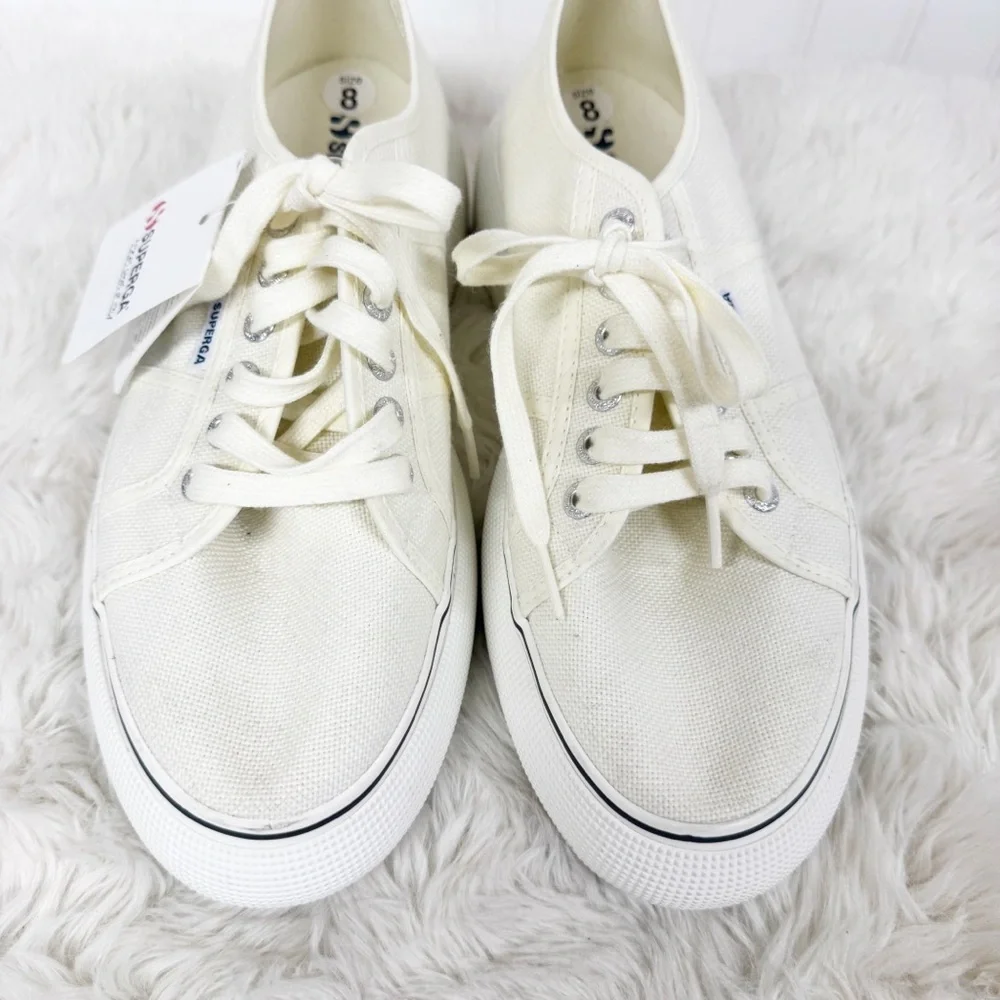 SUPERGA Canvas Platform Sneaker Size 8 Beige Cream Lace Up Clean Girl Scandi‎
